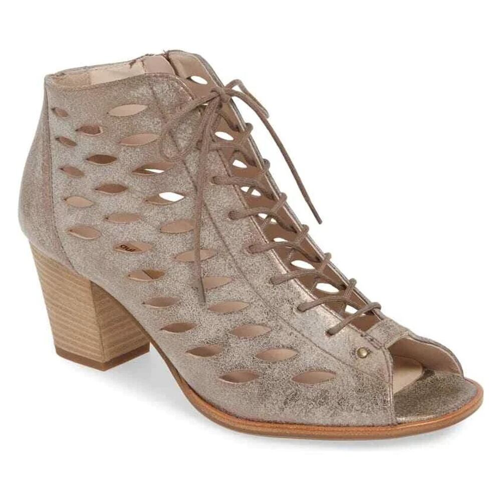 Paul Green Bali Peep Toe Bootie Boot Perforated Lace Up Smoke Metal 6.5 UK 9 US